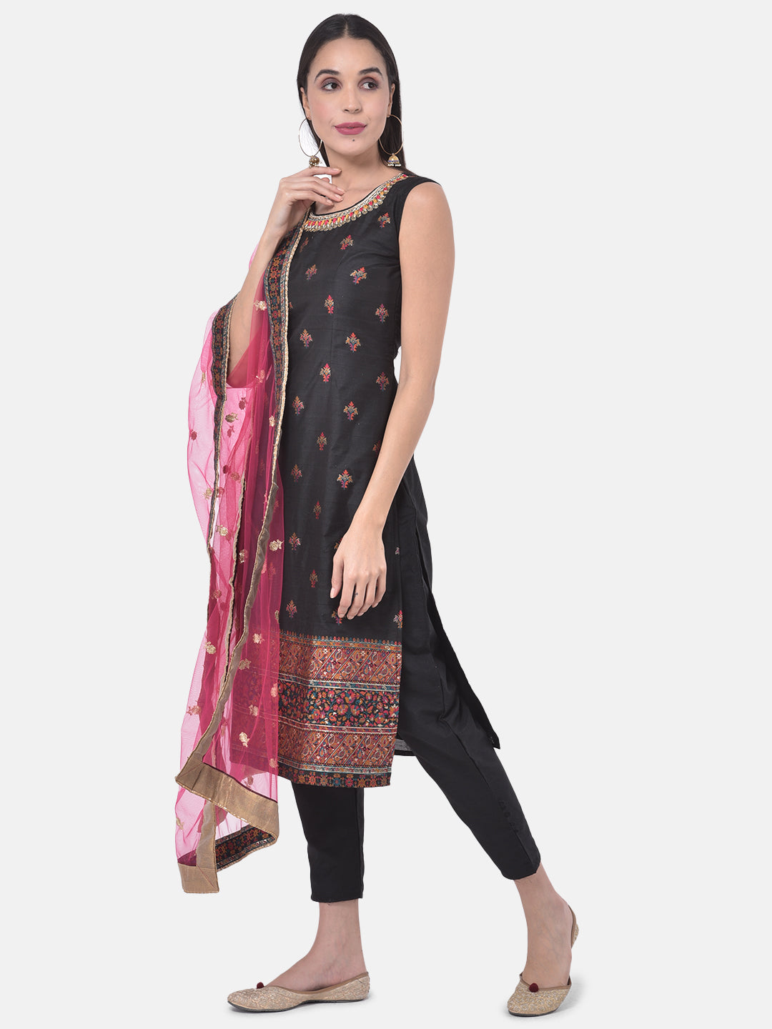 Neerus Black cotton woven kurta set - back view