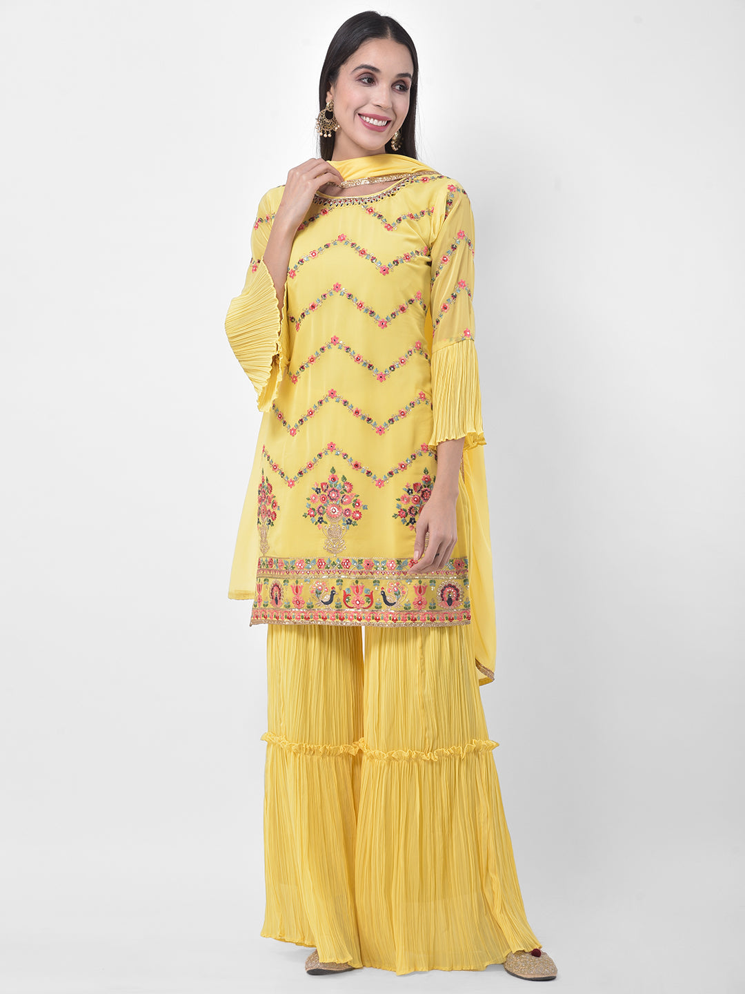 Neerus Yellow Colour Georgette Fabric Suit-Gharara