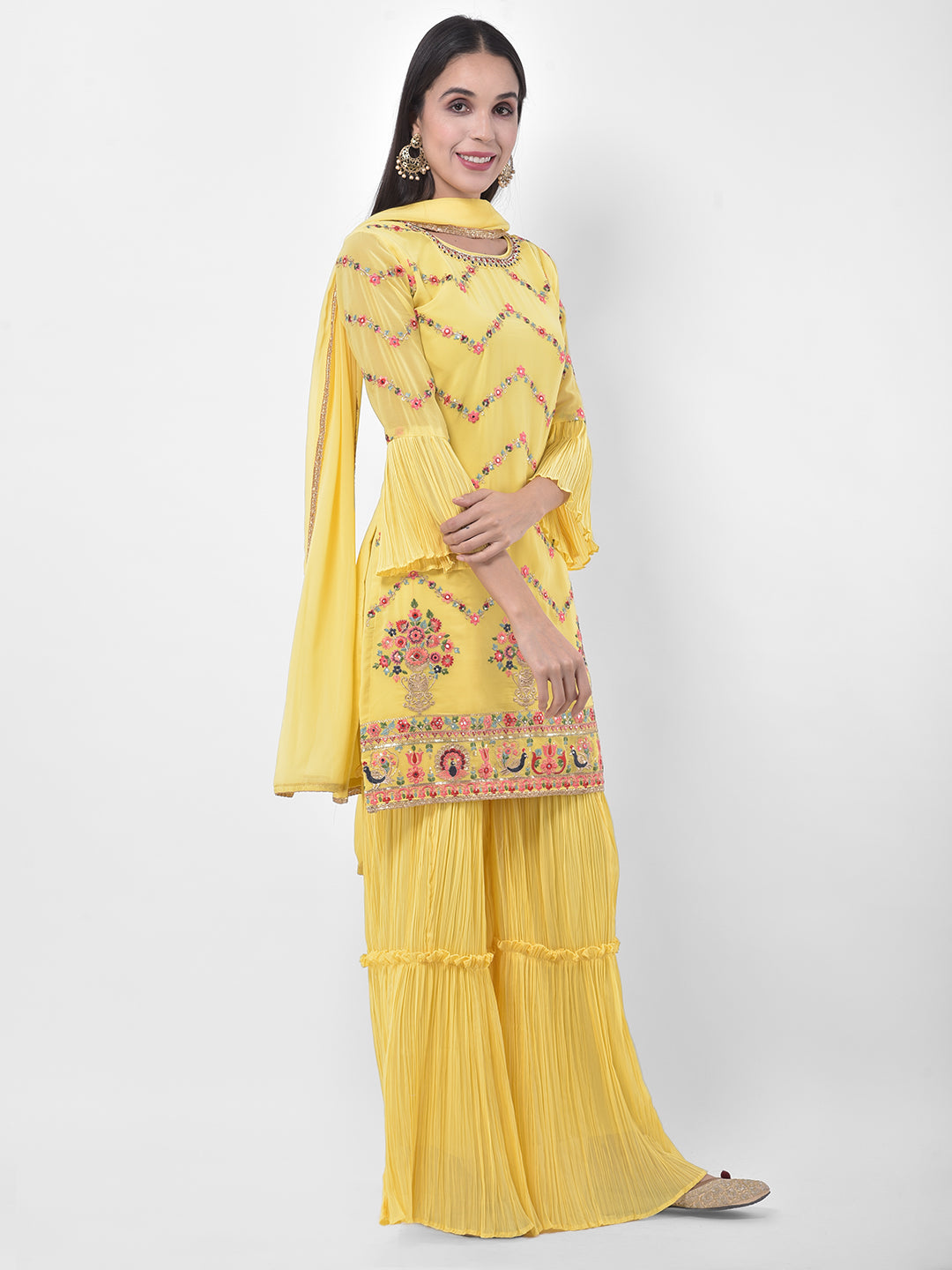 Neerus Yellow Colour Georgette Fabric Suit-Gharara