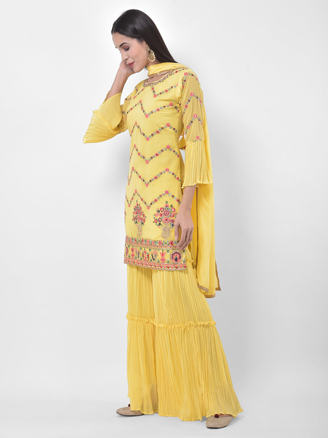 Neerus Yellow Colour Georgette Fabric Suit-Gharara