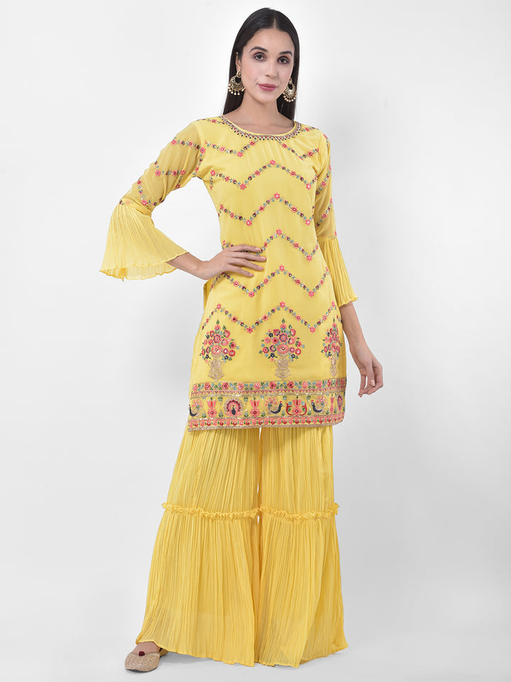 Neerus Yellow Colour Georgette Fabric Suit-Gharara