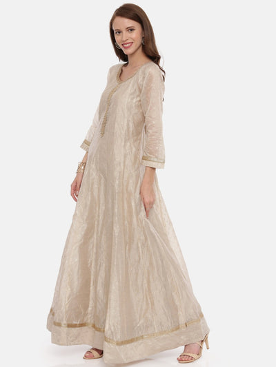 Neeru'S Beige Color, Chanderi Fabric Full Sleeves Suit-Anarkali
