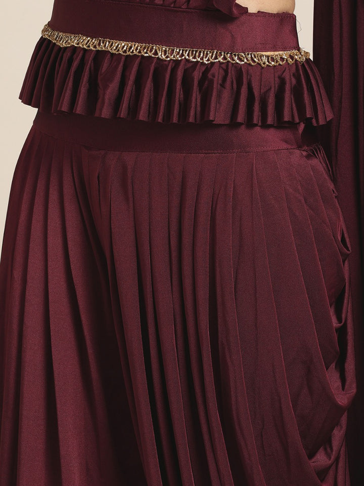 Neerus Maroon Solid Ready To Wear Saree With Blouse