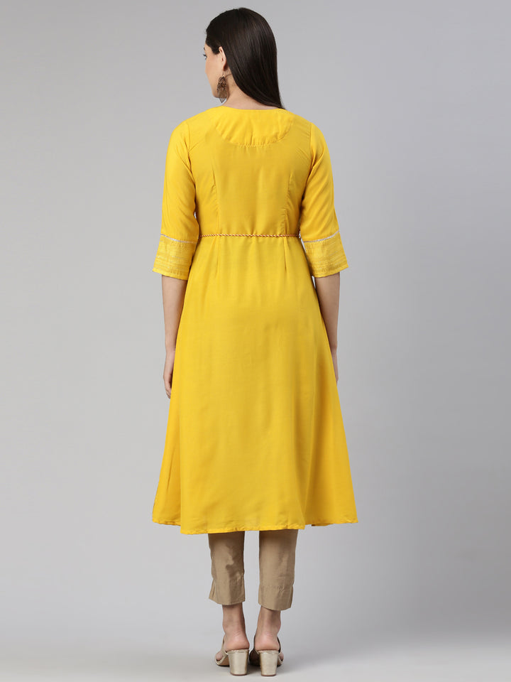 Neerus Mustard Anarkali Straight Cotton Wool Kurtas