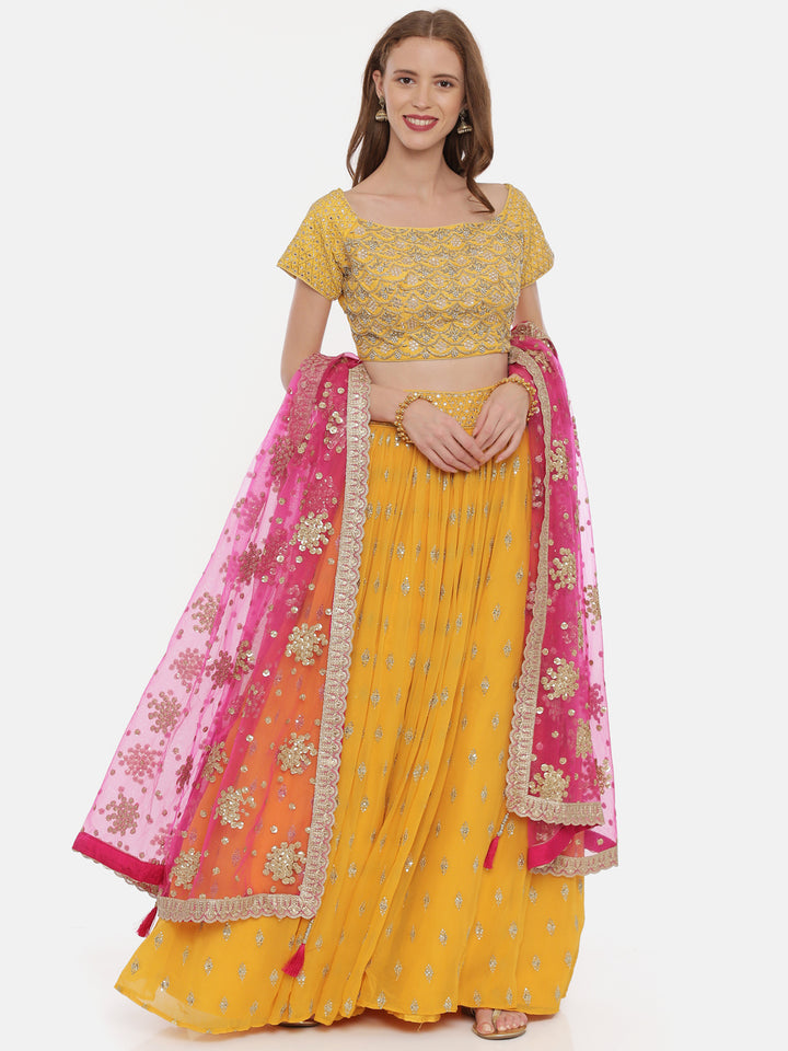 Neerus Yellow georgette embellished lehenga set - back view