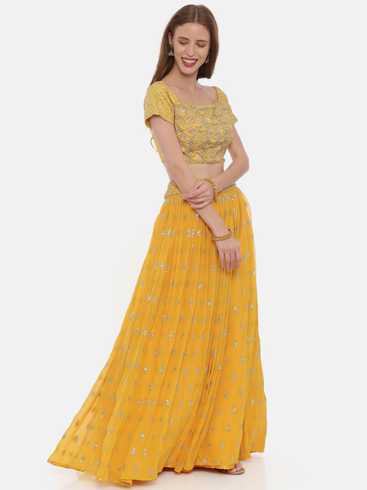 Neerus Yellow georgette embellished lehenga set - side view