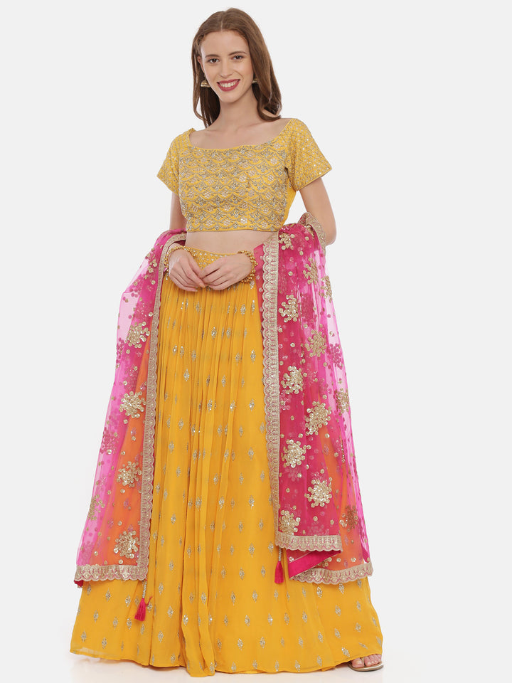 Neerus Yellow georgette embellished lehenga set - front view