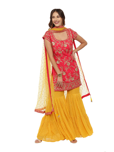 Neeru's Pink & Yellow Embellished Kurta With Sharara & Dupatta