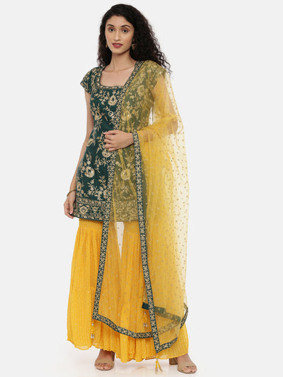 Neeru's Green & Yellow Embellished Kurta With Sharara & Dupatta