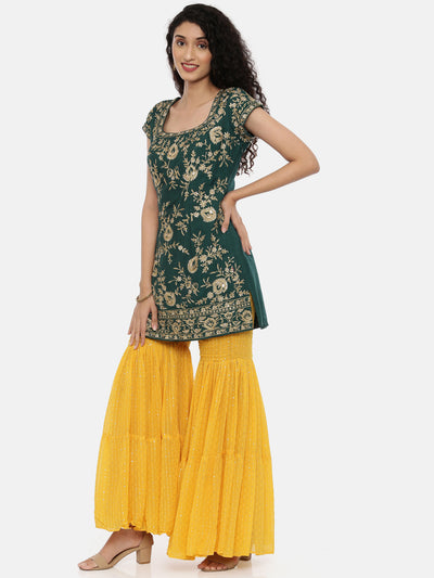 Neeru's Green & Yellow Embellished Kurta With Sharara & Dupatta