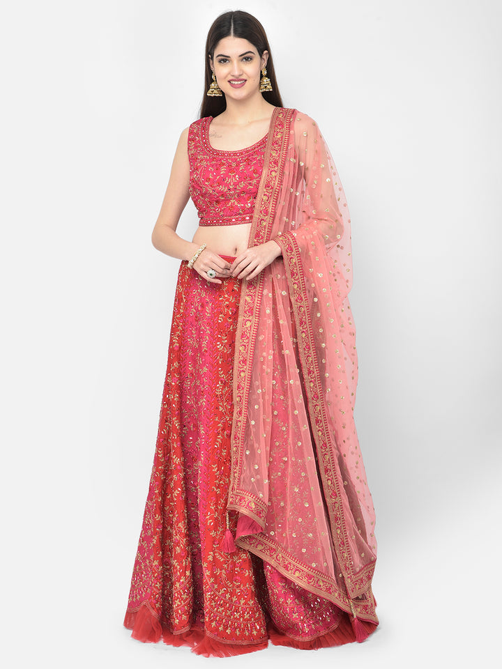 Neerus Pink silk embellished lehenga set - front view