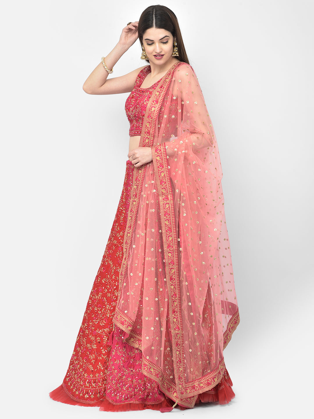Neerus Pink silk embellished lehenga set - back view
