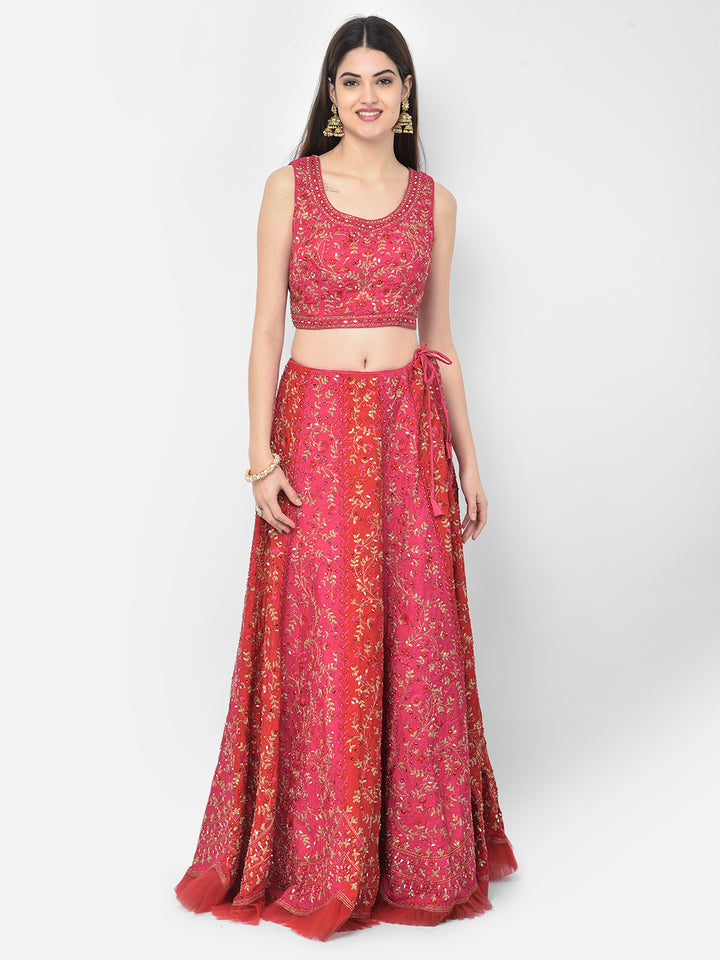 Neerus Pink silk embellished lehenga set - detail view 2