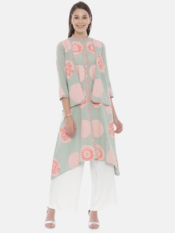 Neerus Green cotton printed high-low kurta - front view