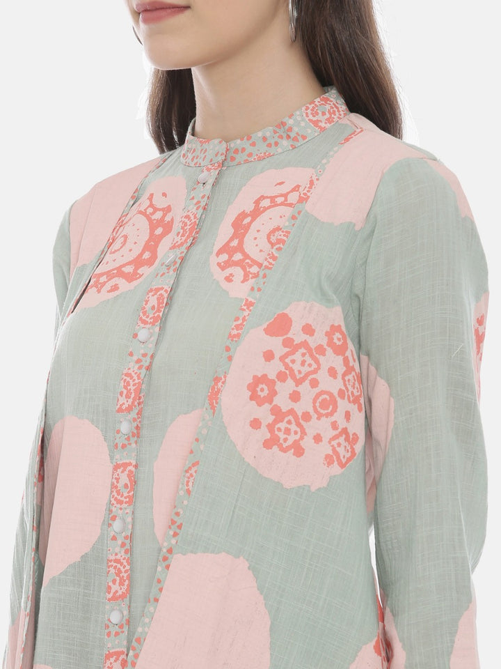 Neerus Green cotton printed high-low kurta - back view