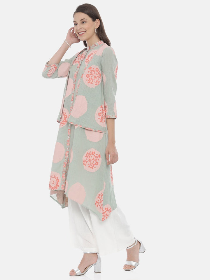 Neerus Green cotton printed high-low kurta - side view