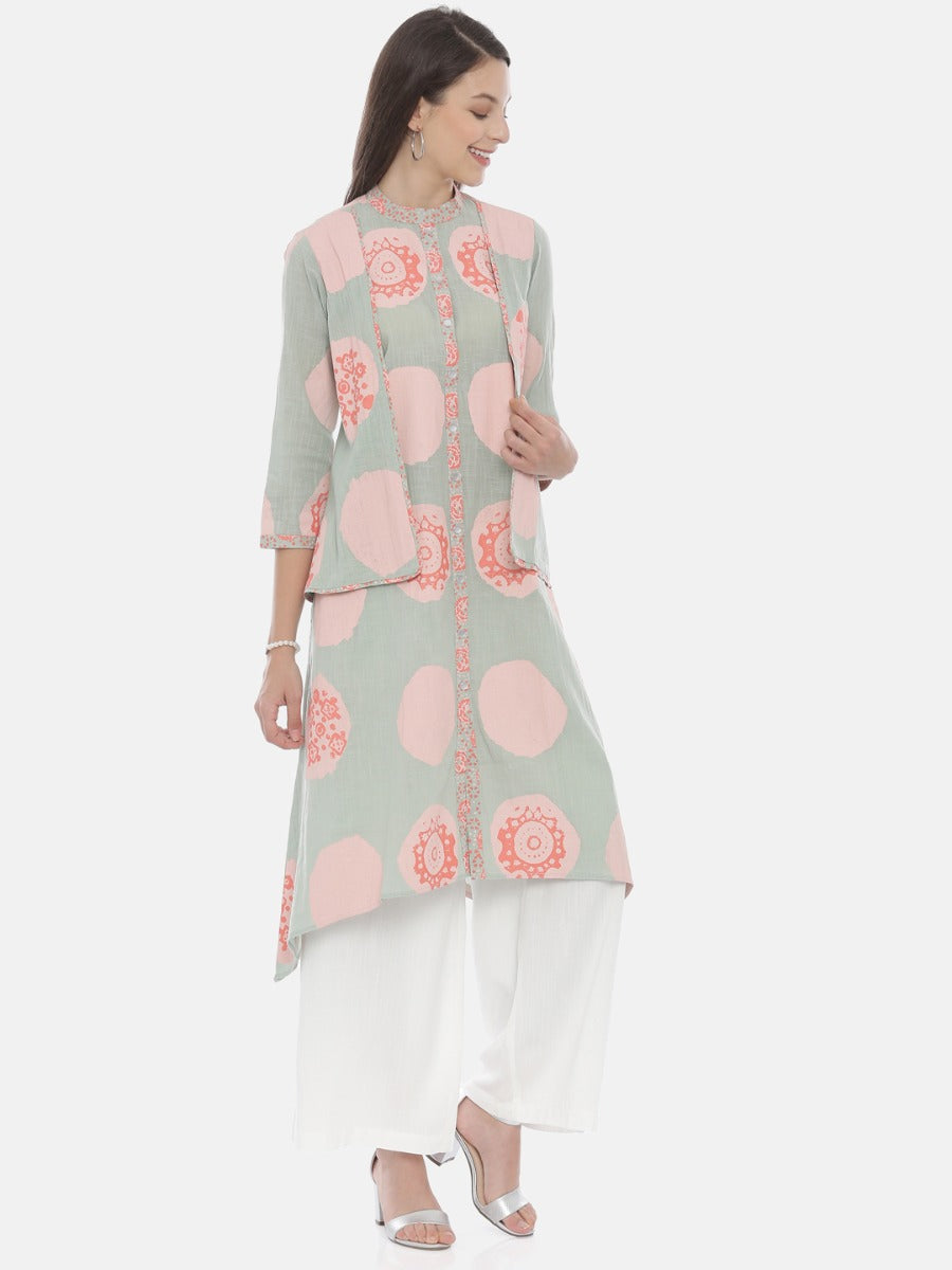 Neerus Green cotton printed high-low kurta - detail view 1