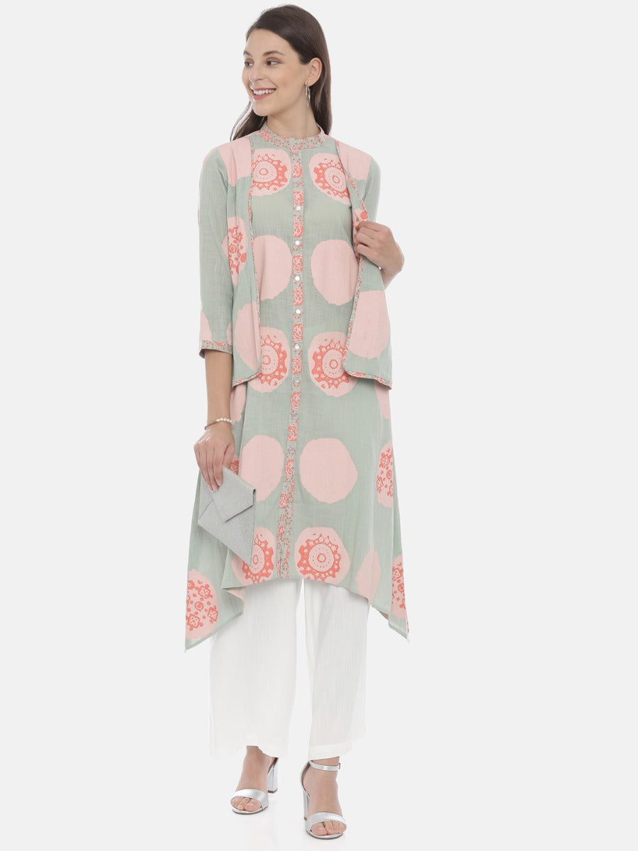 Neerus Green cotton printed high-low kurta - detail view 3