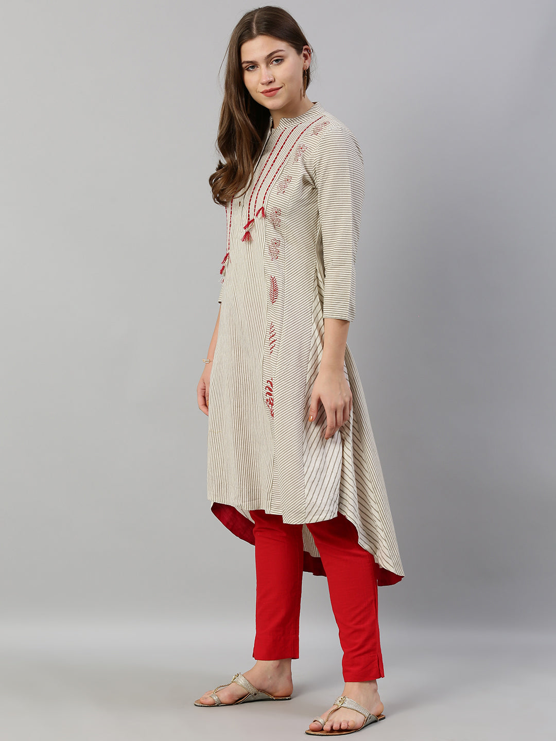 Neeru's Women Off-White Grey Striped A-Line Kurta With Tassels