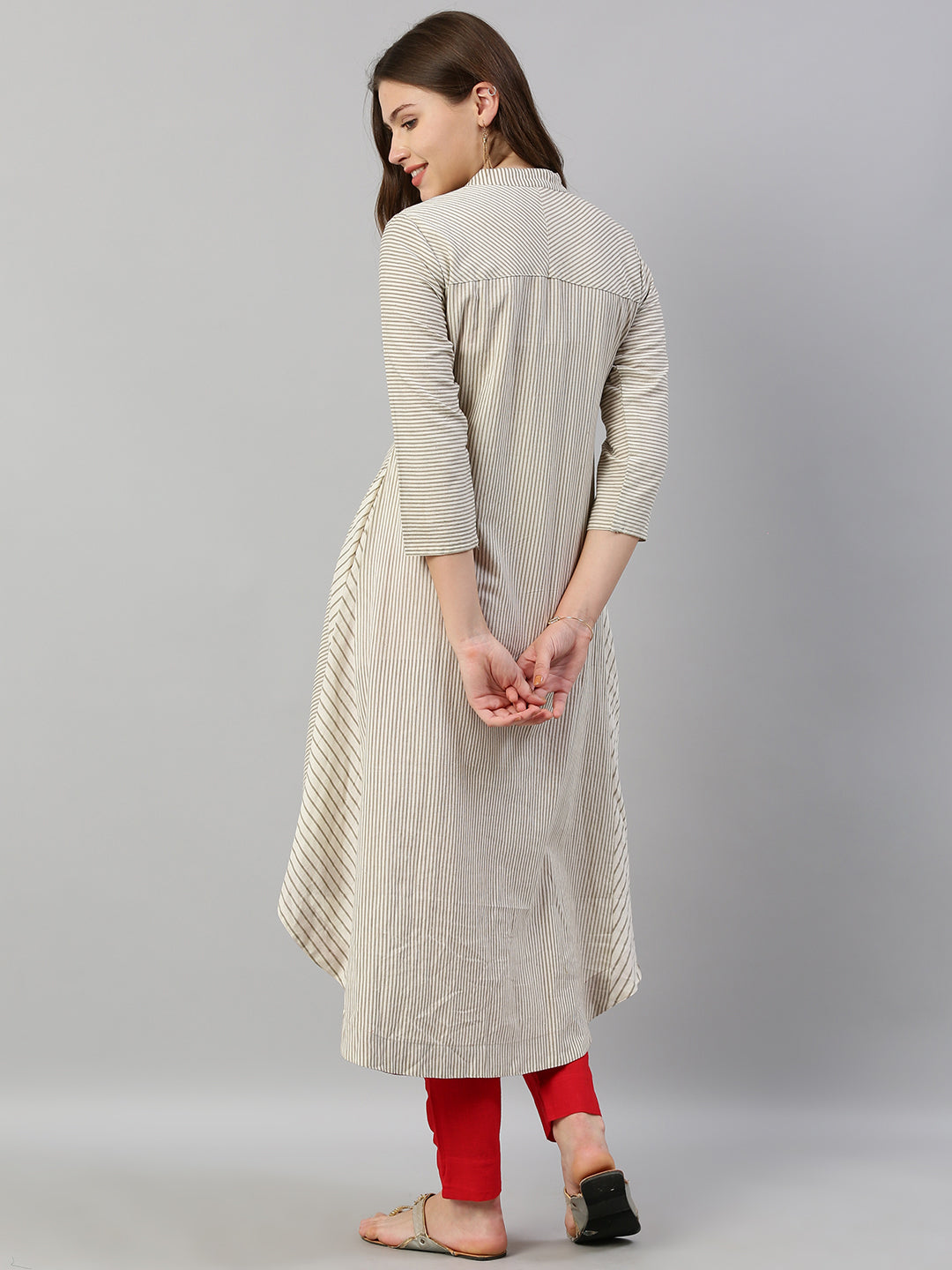 Neeru's Women Off-White Grey Striped A-Line Kurta With Tassels