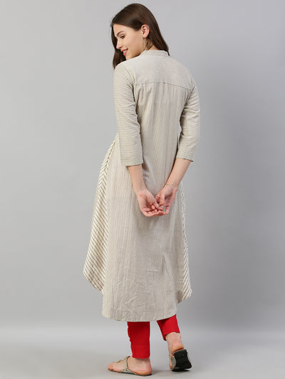 Neeru's Women Off-White Grey Striped A-Line Kurta With Tassels