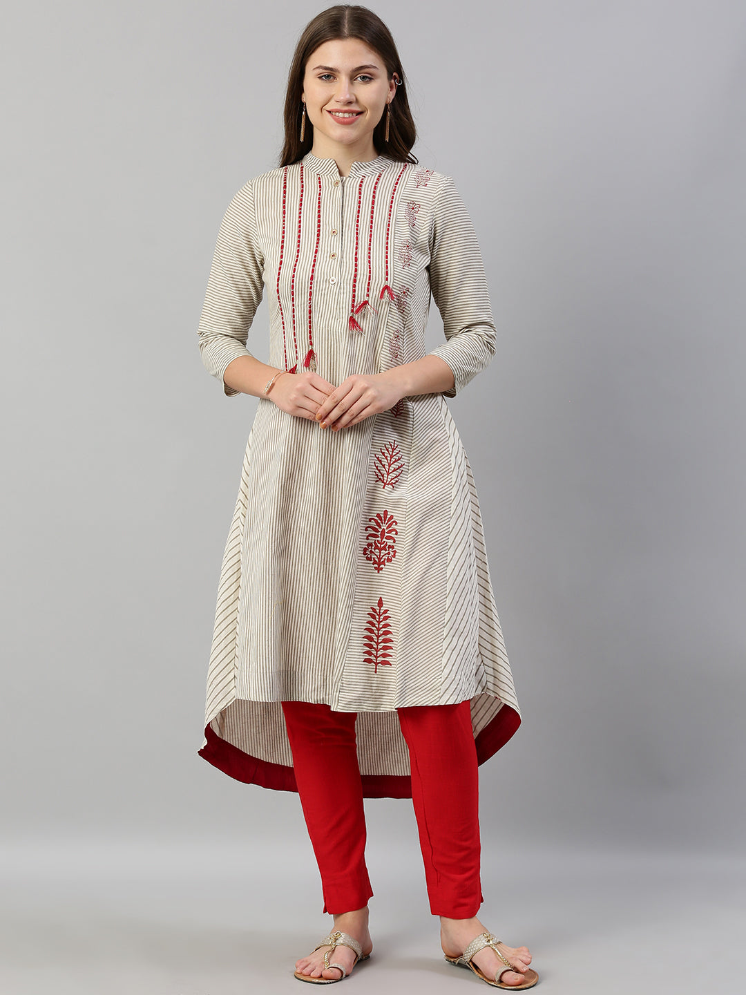 Neeru's Women Off-White Grey Striped A-Line Kurta With Tassels