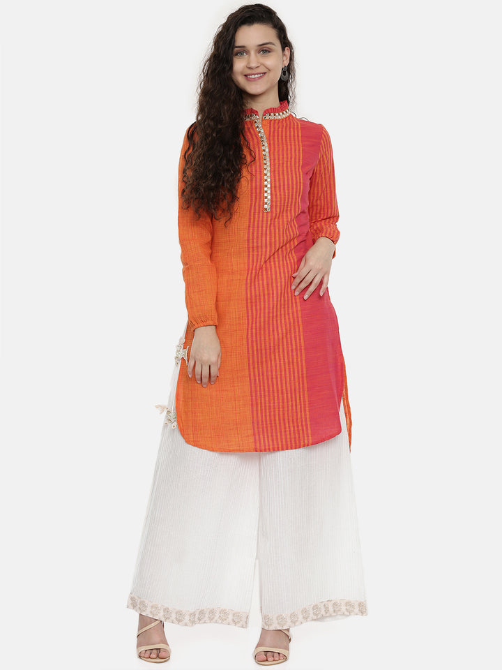 Neerus Orange slub cotton printed A-line kurta - front view