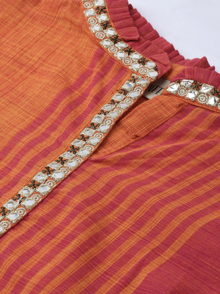 Neerus Orange slub cotton printed A-line kurta - back view