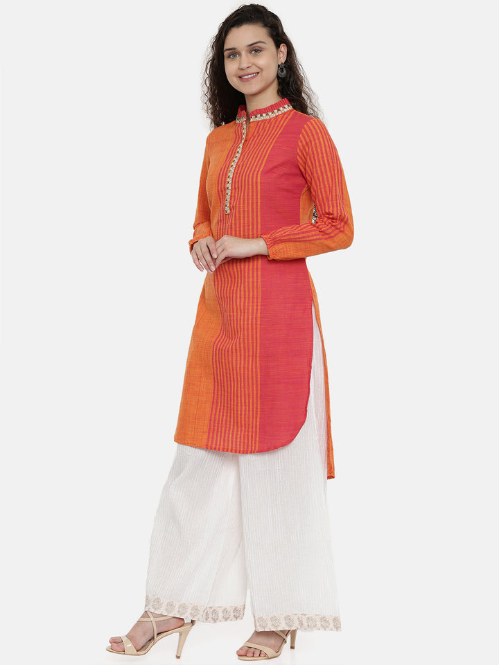 Neerus Orange slub cotton printed A-line kurta - side view