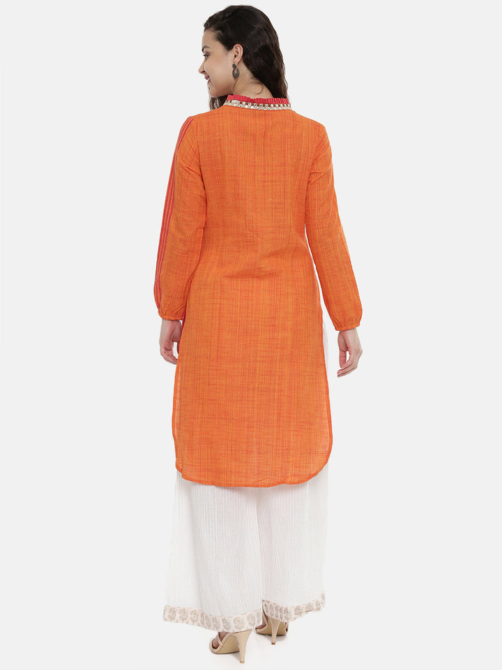 Neerus Orange slub cotton printed A-line kurta - detail view 1