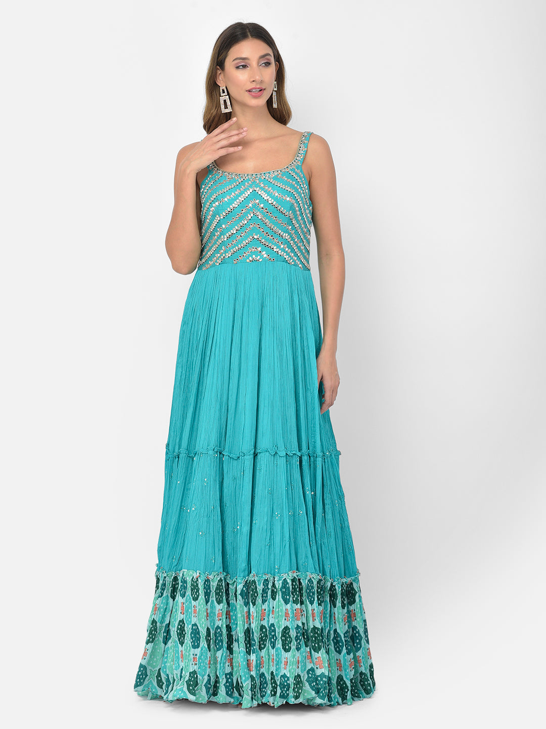 Neerus Green silk mirror work anarkali kurta set - front view
