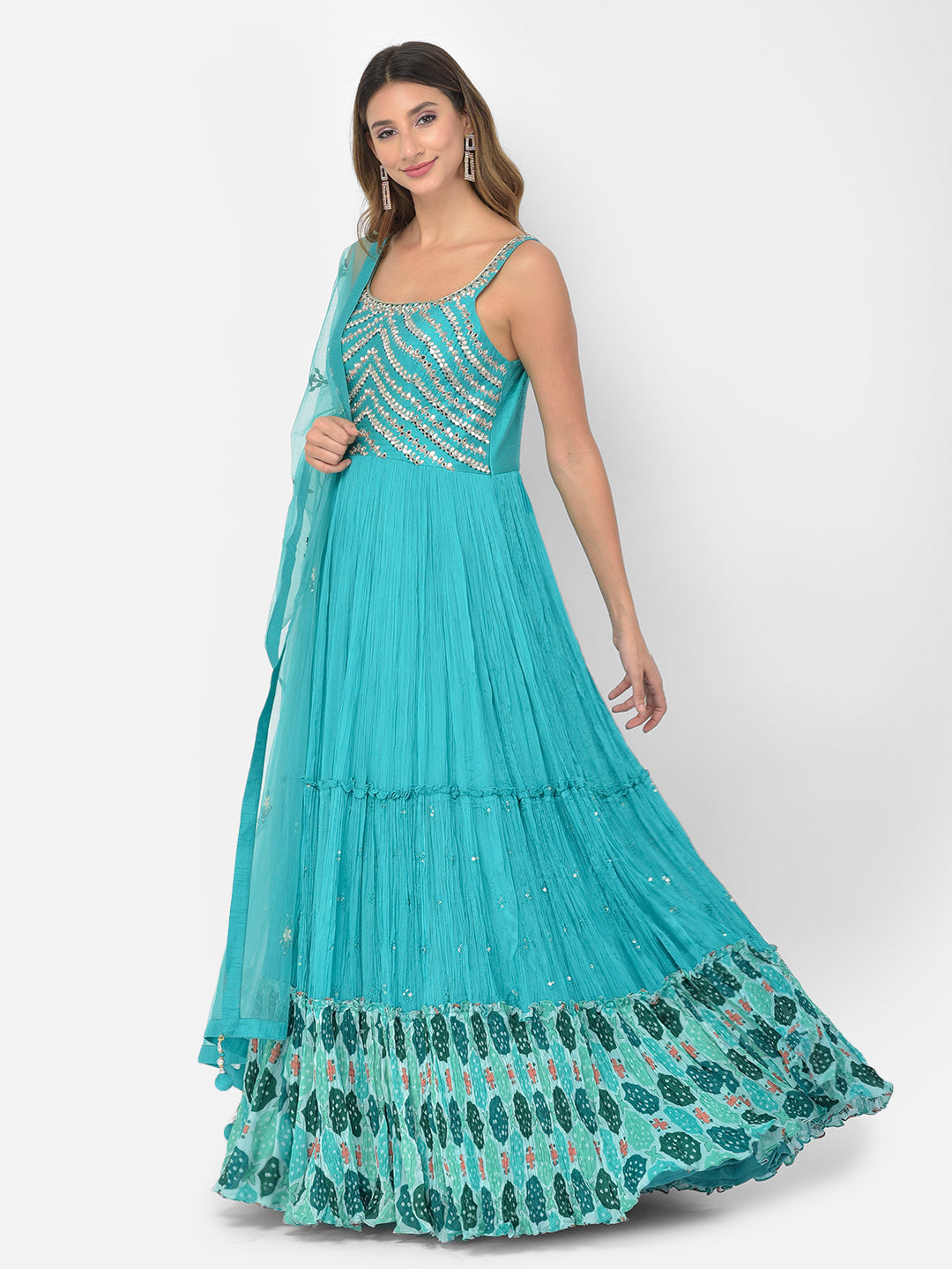 Neerus Green silk mirror work anarkali kurta set - detail view 5