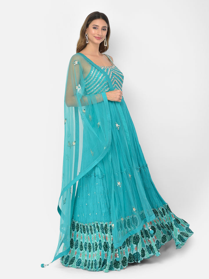 Neerus Green silk mirror work anarkali kurta set - back view