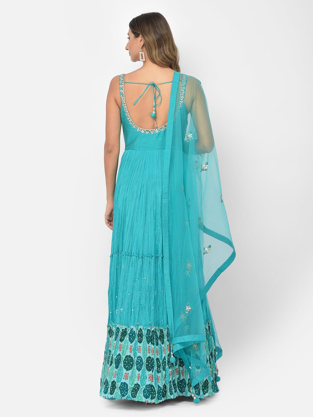Neerus Green silk mirror work anarkali kurta set - side view