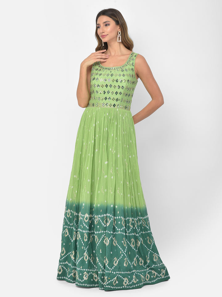 Neerus Green georgette mirror work anarkali kurta set - detail view 7