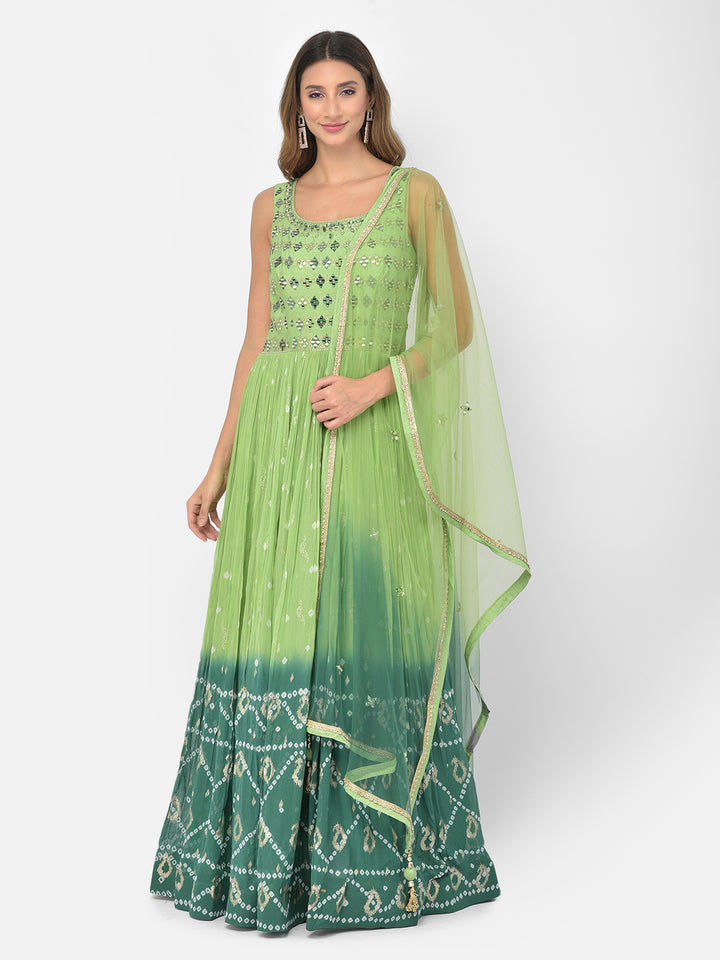 Neerus Green georgette mirror work anarkali kurta set - back view