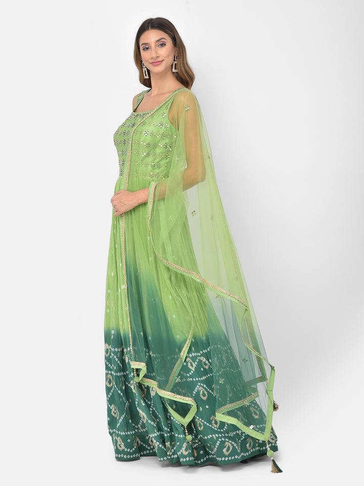 Neerus Green georgette mirror work anarkali kurta set - detail view 8