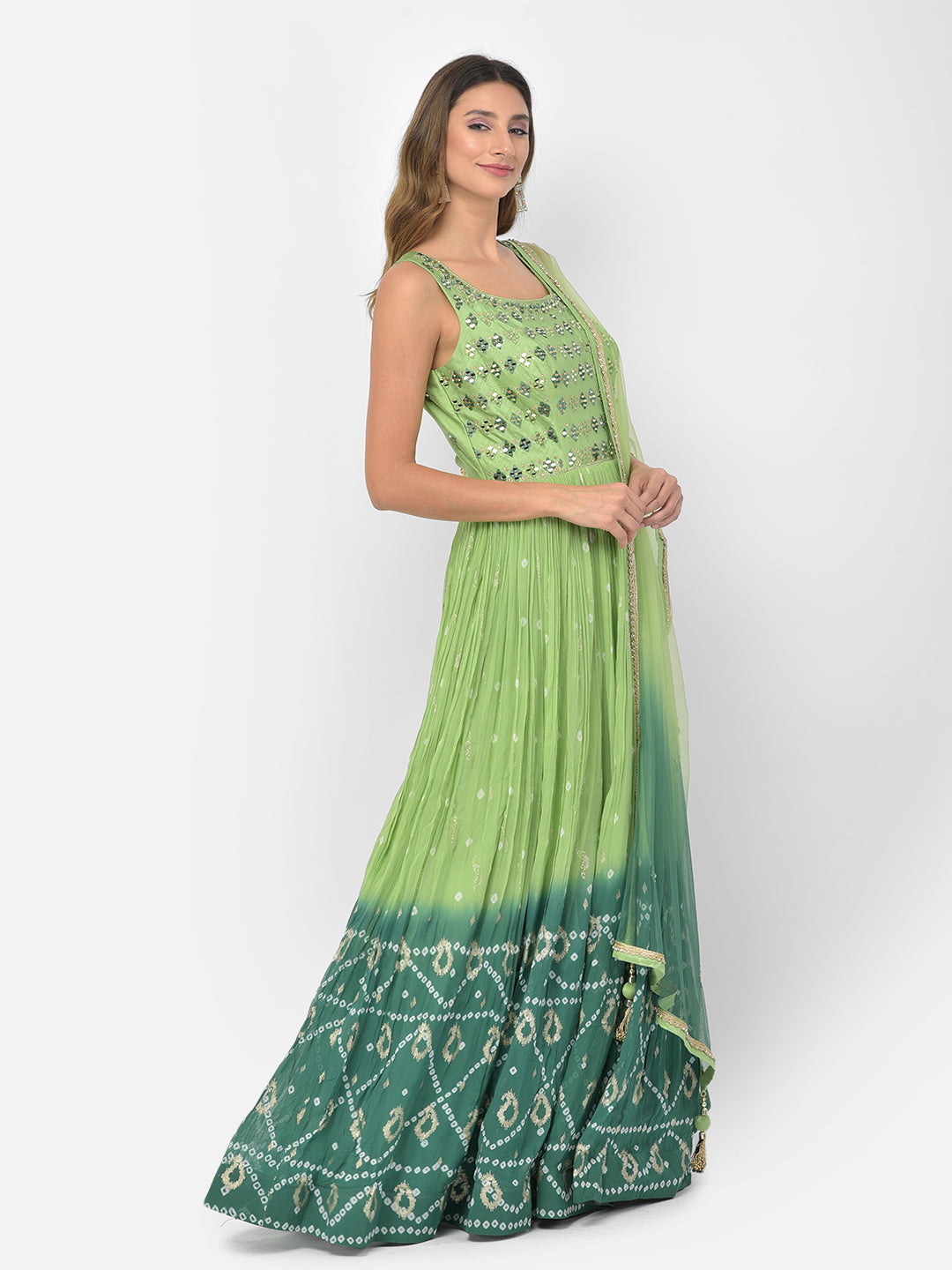 Neerus Green georgette mirror work anarkali kurta set - detail view 9