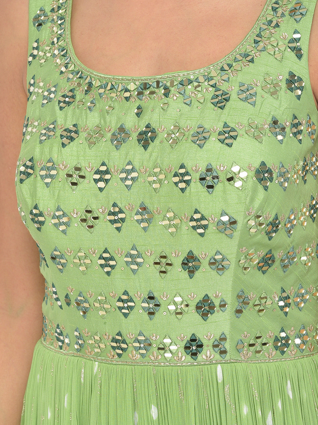 Neerus Green georgette mirror work anarkali kurta set - detail view 3