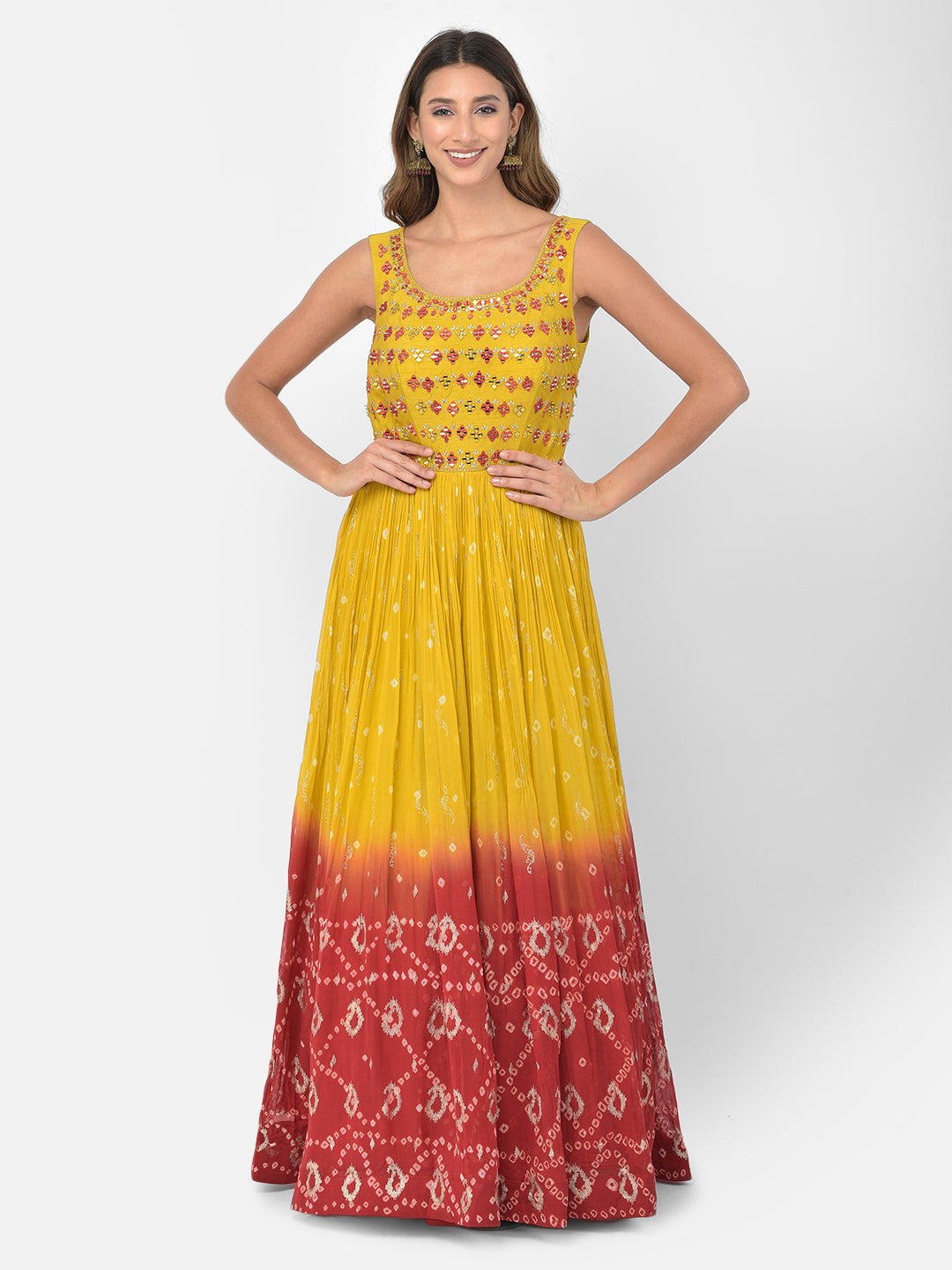 Neerus Yellow georgette mirror work Anarkali kurta set - front view