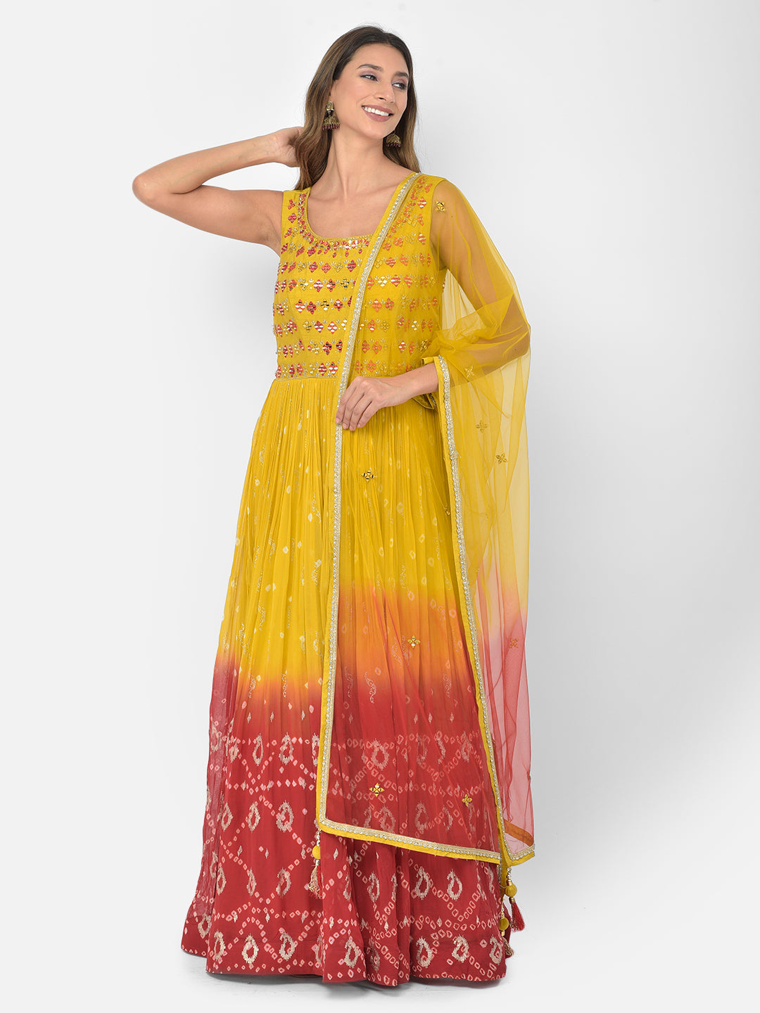 Neerus Yellow georgette mirror work Anarkali kurta set - back view