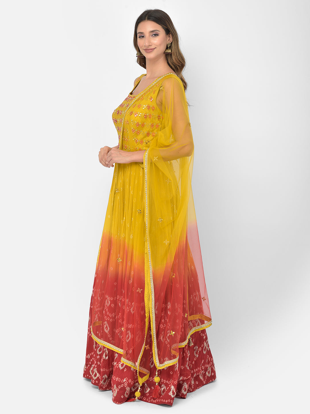 Neerus Yellow georgette mirror work Anarkali kurta set - detail view 8