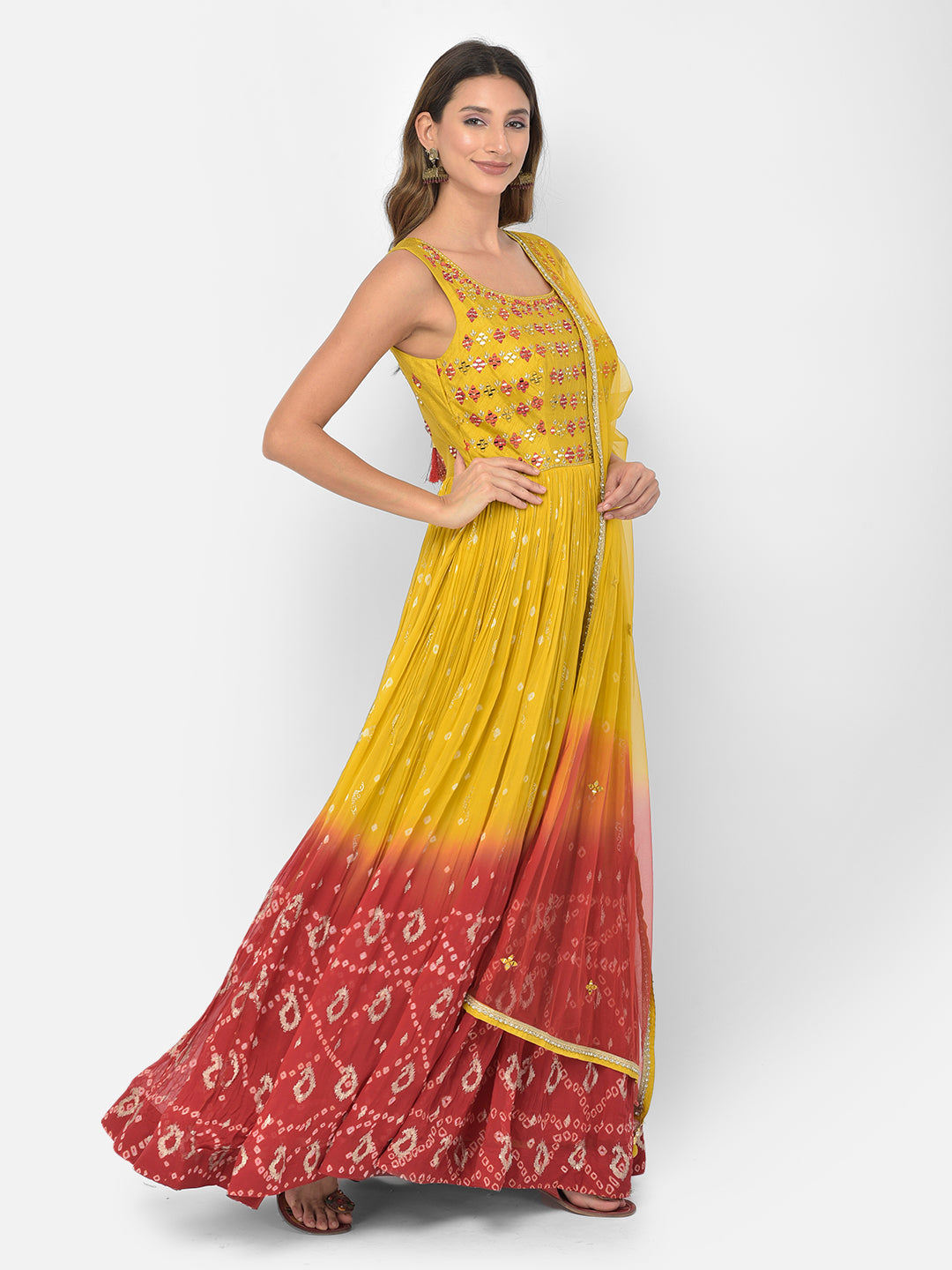 Neerus Yellow georgette mirror work Anarkali kurta set - detail view 1