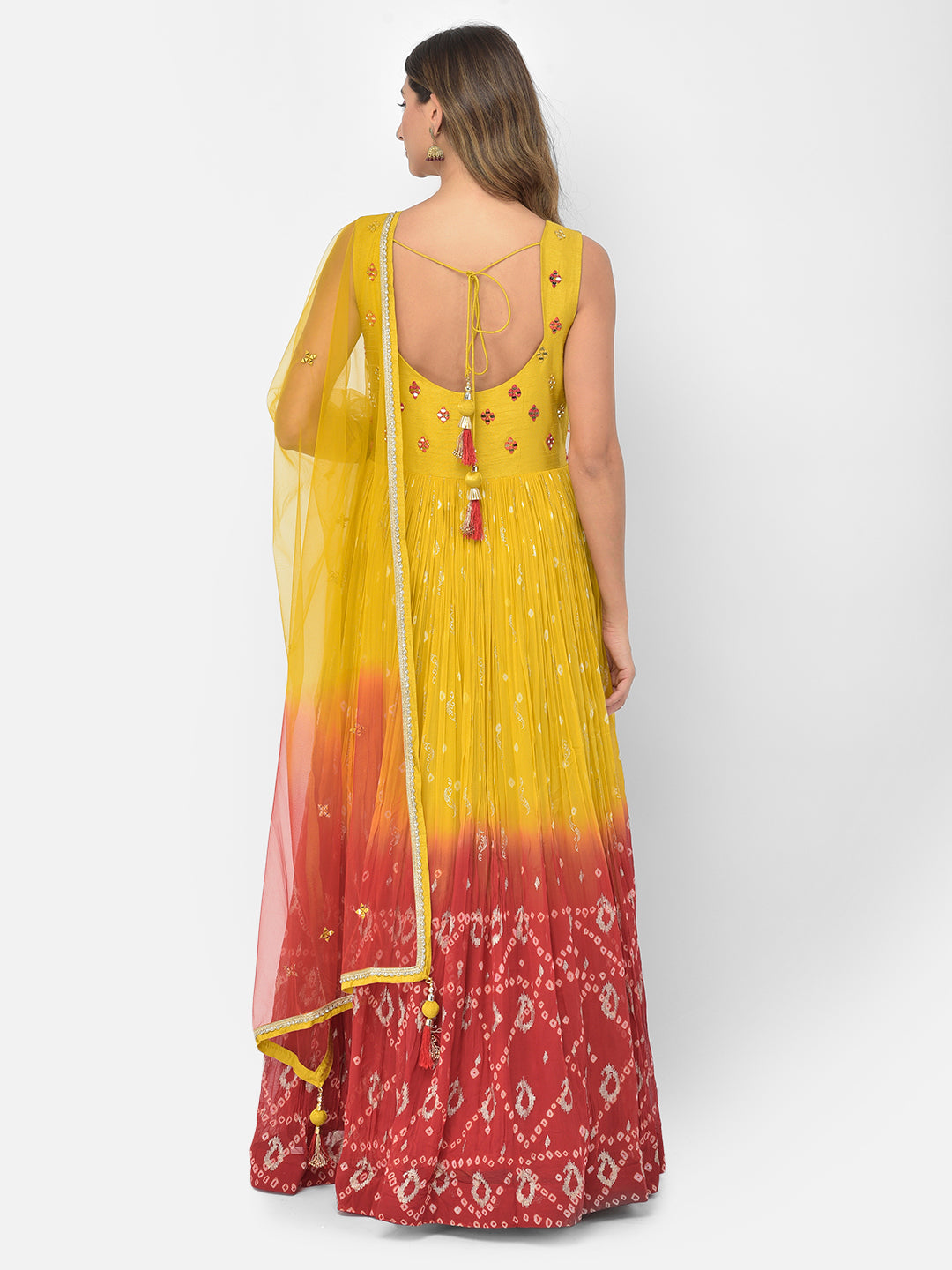 Neerus Yellow georgette mirror work Anarkali kurta set - detail view 10