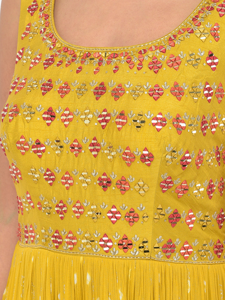 Neerus Yellow georgette mirror work Anarkali kurta set - detail view 3