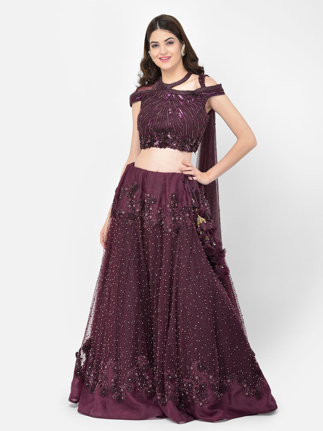 Neerus Wine Color Nett Fabric Lehenga Choli