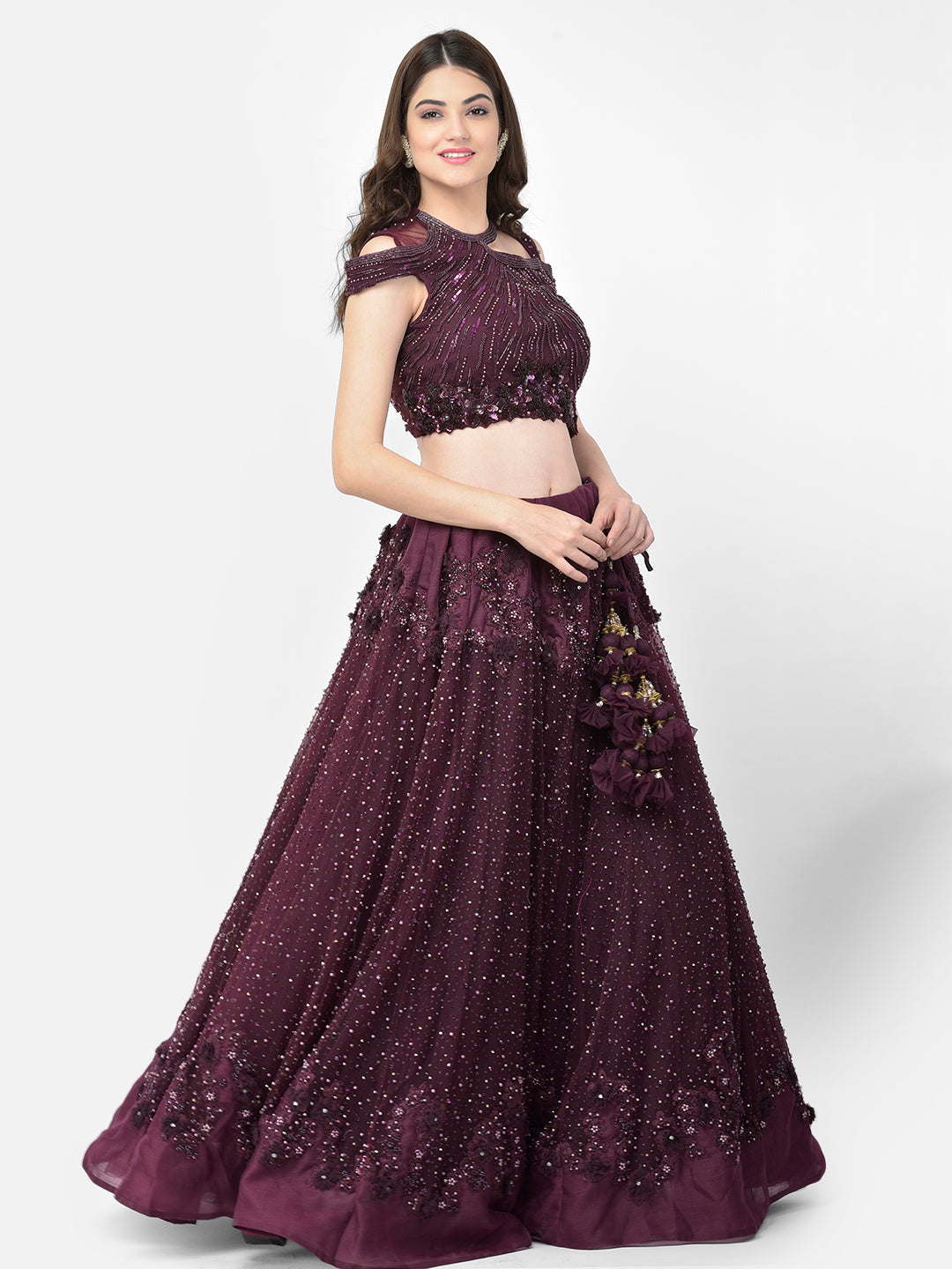 Neerus Wine Color Nett Fabric Lehenga Choli