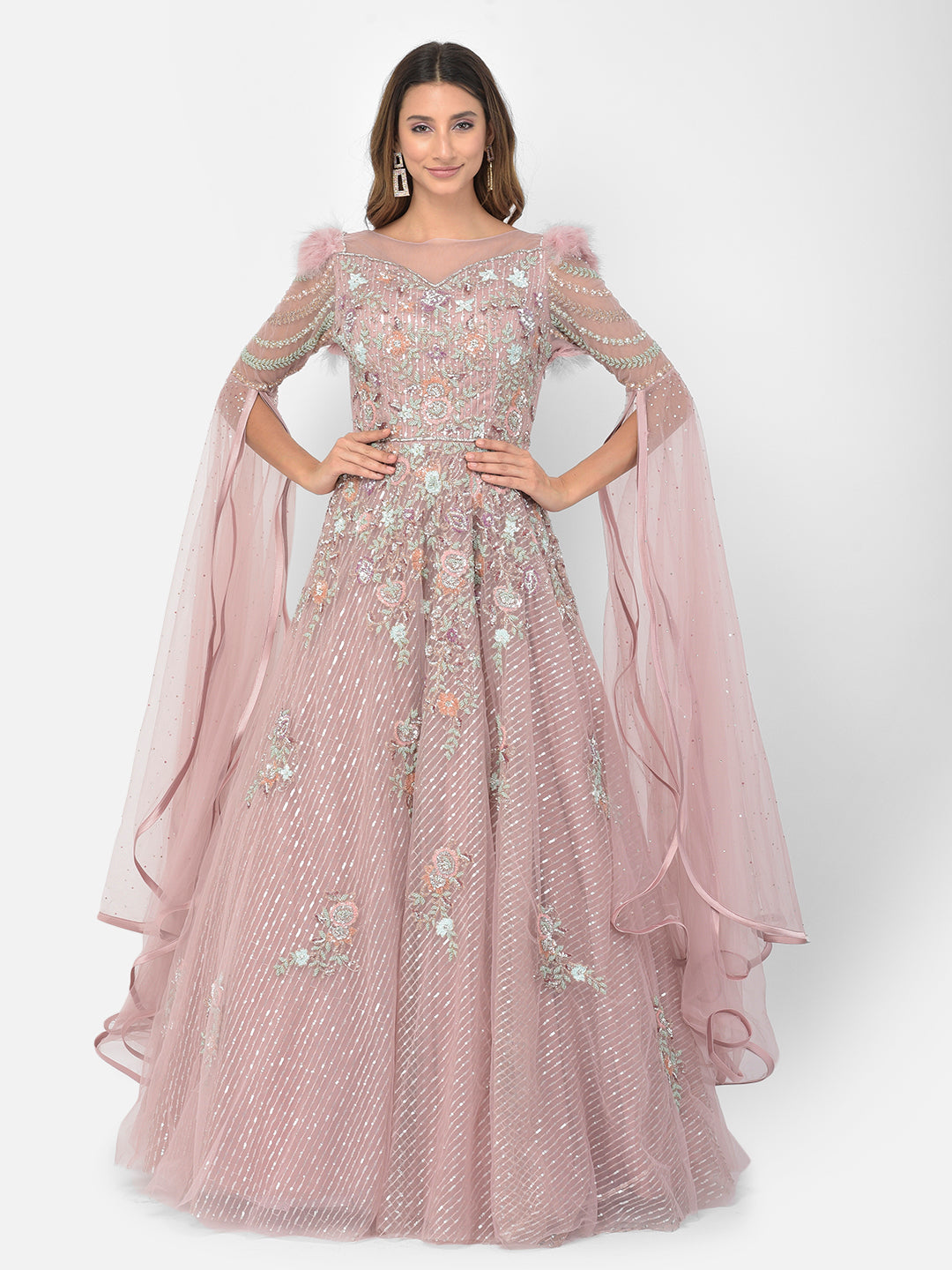 Neeru'S pink color nett fabric gown