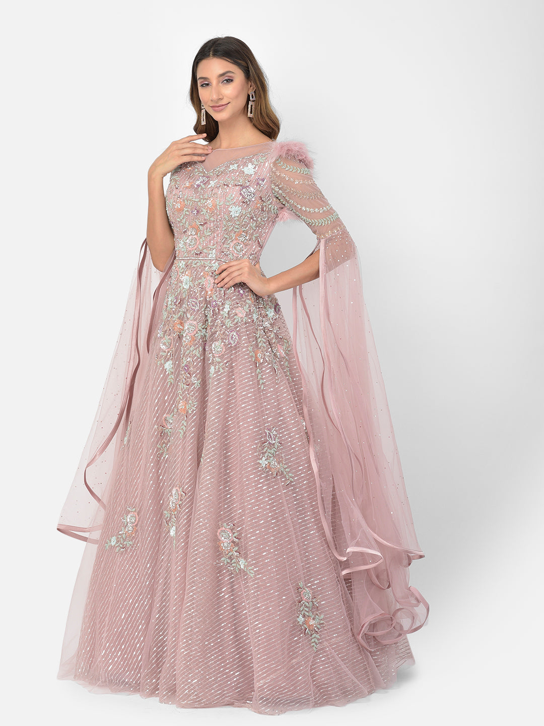 Neerus Pink net embellished gown - front view