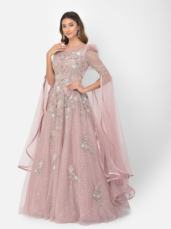 Neerus Pink net embellished gown - front view